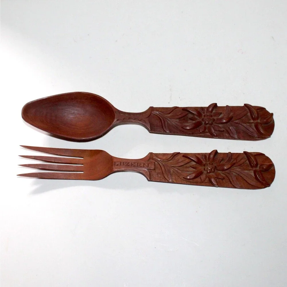 Hand Caved Wood Serving Fork Spoon Luzerne Switzerland Edelweiss flower set vtg